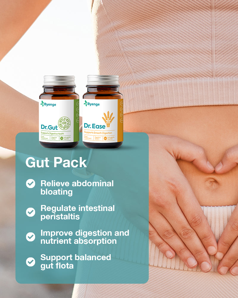 Key benefits of Byenge Gut Pack: Supports gut health, improves digestion, enhances nutrient absorption, boosts immunity, and promotes clearer skin.