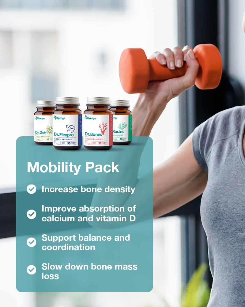 Key benefits of Byenge Mobility Pack: Supports joint comfort, enhances bone strength, reduces inflammation, improves mobility, and promotes active living.