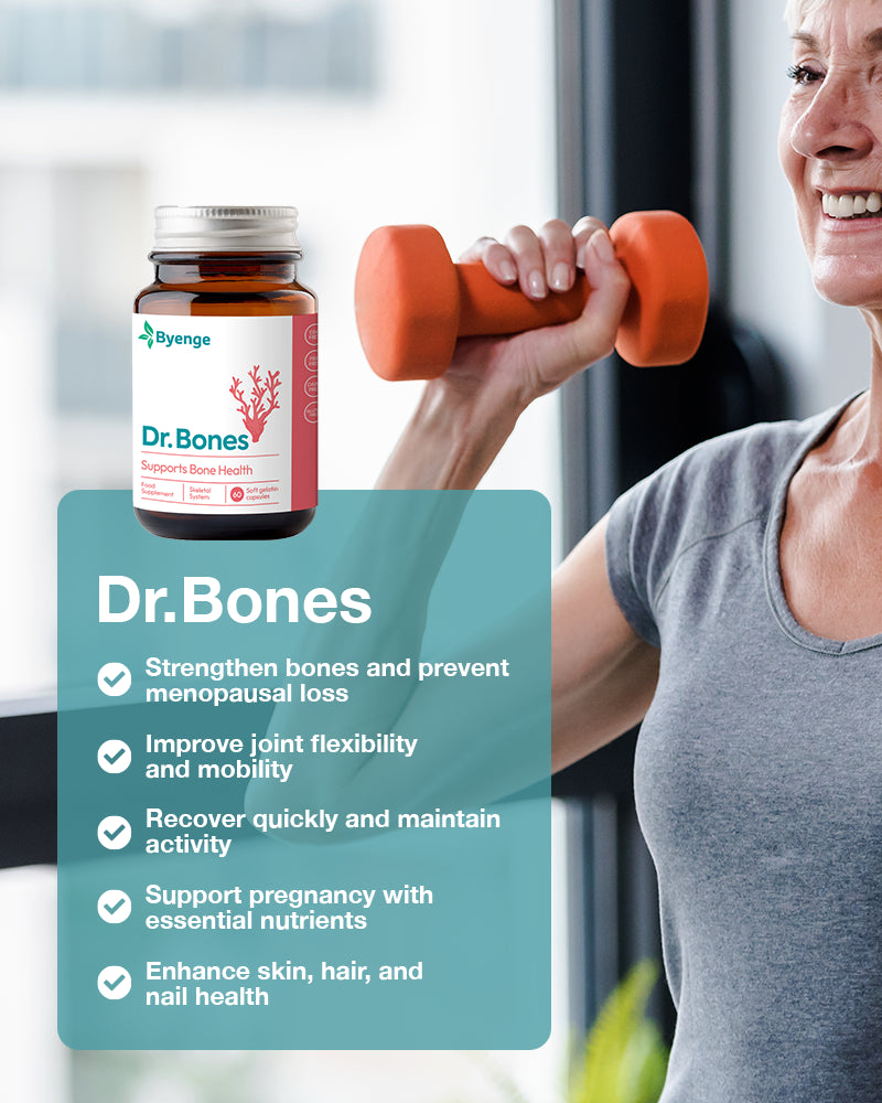 Key benefits of Byenge Dr.Bones: Strengthens bones, accelerates recovery, supports joint health, and nourishes skin, hair, and nails from within.