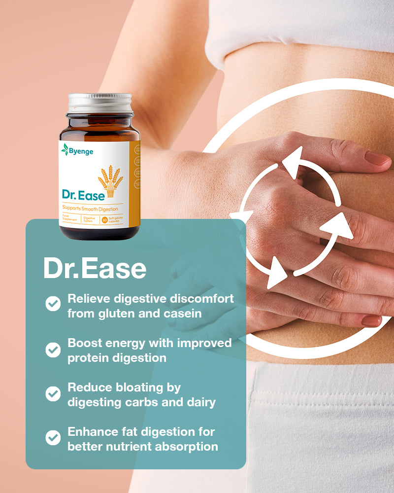 Key benefits of Byenge Dr.Ease: Improves digestion, breaks down gluten, proteins, carbs, fats, and dairy, enhances nutrient absorption, and promotes digestive comfort.