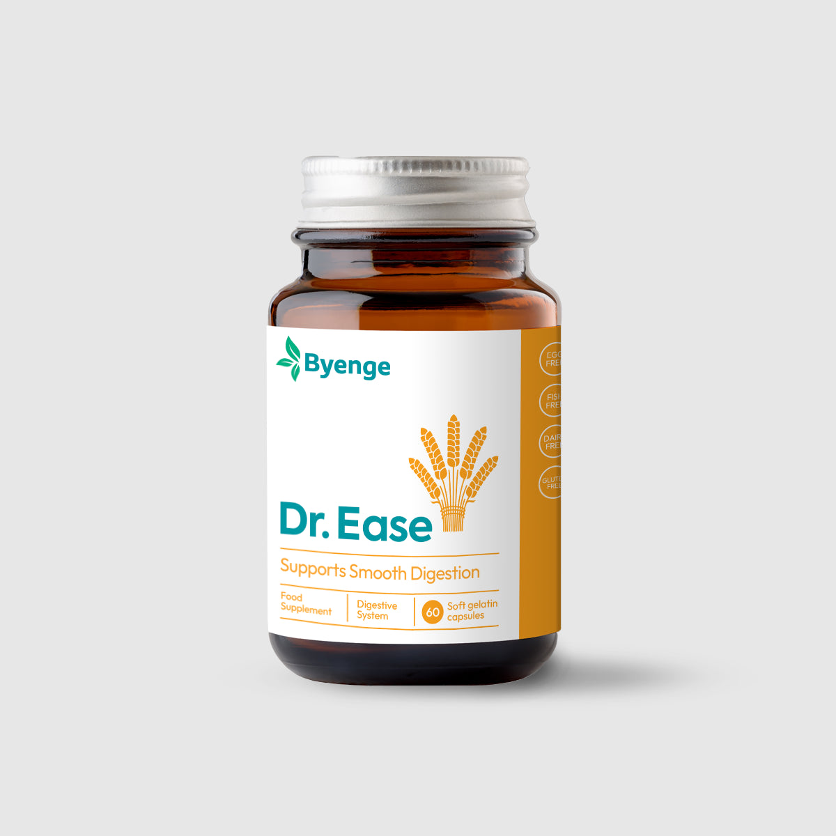 Byenge Dr.Ease supports digestion with a powerful enzyme blend that effectively breaks down gluten, proteins, carbs, fats, and dairy, promoting comfort and optimal nutrient absorption.