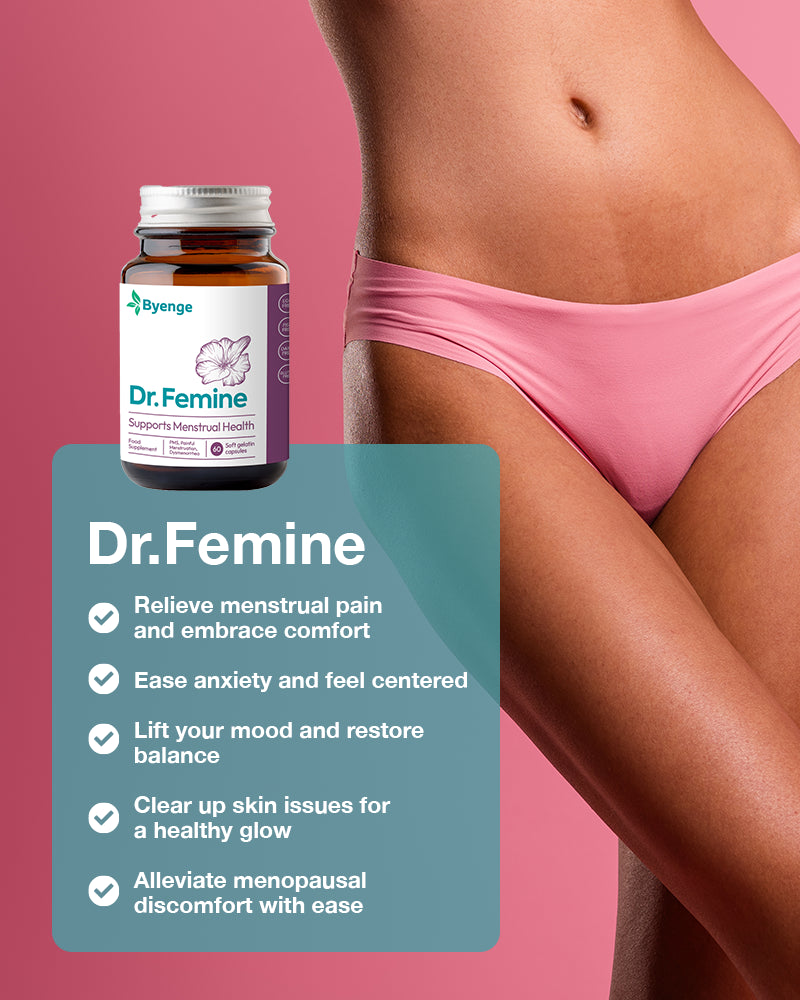 Key benefits of Byenge Dr.Femine: Relieves period pain, balances hormones, improves skin health, boosts mood, and supports overall well-being.