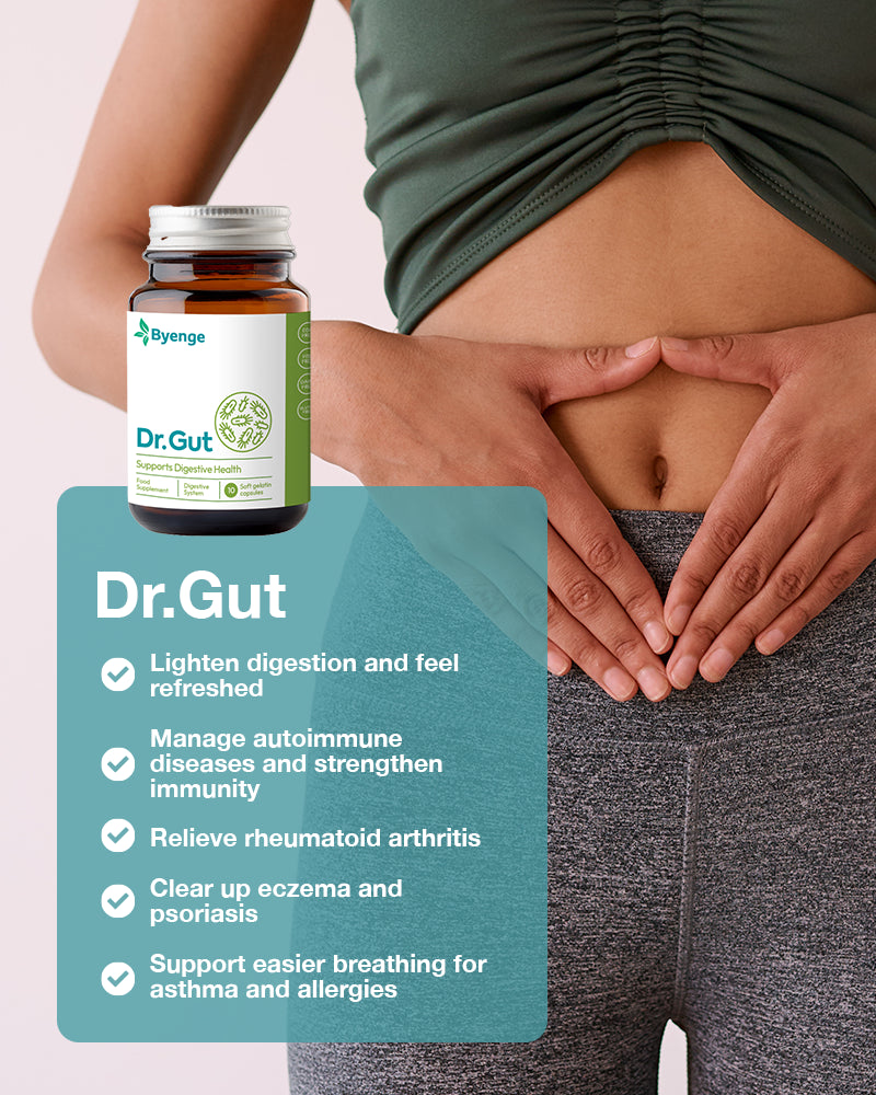 Key benefits of Byenge Dr.Gut: Supports gut balance, improves digestion, enhances nutrient absorption, boosts immunity, and promotes clearer skin.