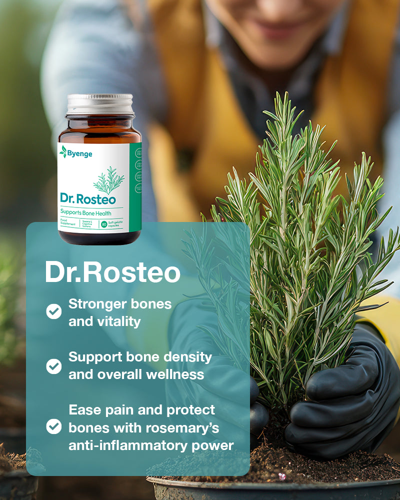 Key benefits of Byenge Dr.Rosteo: Enhances bone strength, reduces inflammation, supports collagen formation, and promotes mobility for overall joint and bone health.