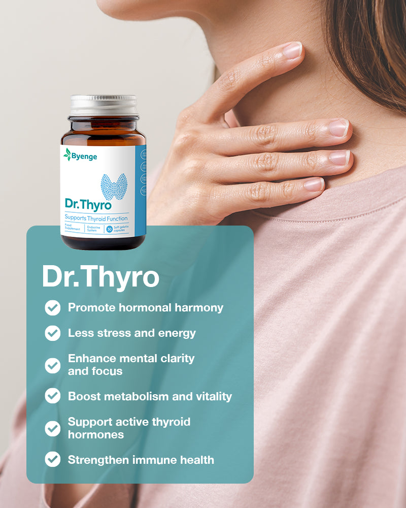 Key benefits of Byenge Dr.Thyro: Supports thyroid health, boosts metabolism, enhances energy levels, improves mood, and promotes mental clarity.