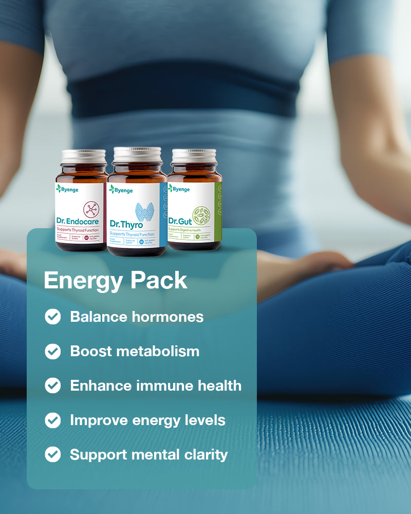 Key benefits of Byenge Energy Pack: Boosts energy levels, enhances mental clarity, combats fatigue, supports metabolism, and promotes overall vitality.