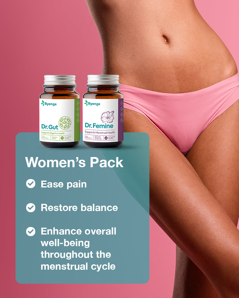 Key benefits of Byenge Women's Pack: Balances hormones, relieves period discomfort, improves skin health, boosts mood, and supports overall well-being.