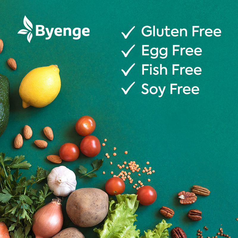 All Byenge products are egg free, gluten free, fish free, and soy free, ensuring quality and inclusivity for diverse dietary needs.